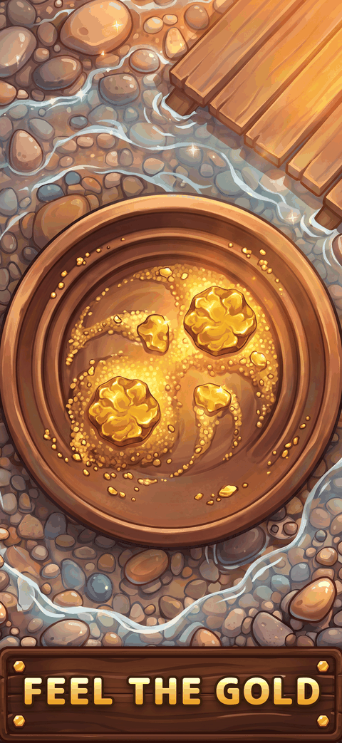 Gold pan full of nuggets in a shallow river.